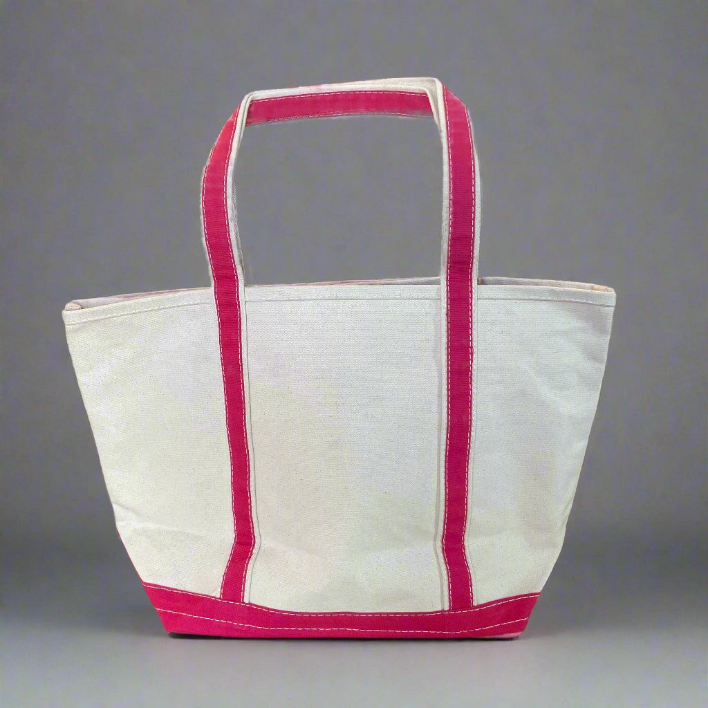 pink tote bag sitting up, packshot