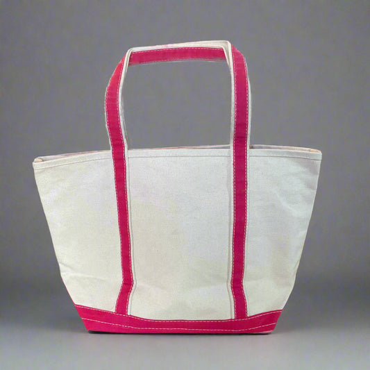 pink tote bag sitting up, packshot